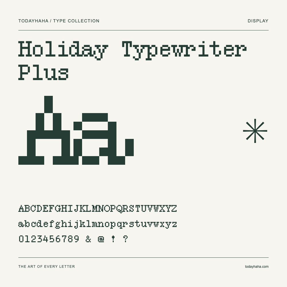 Holiday Typewriter Plus — Campione con lettere maiuscole, minuscole e numeri