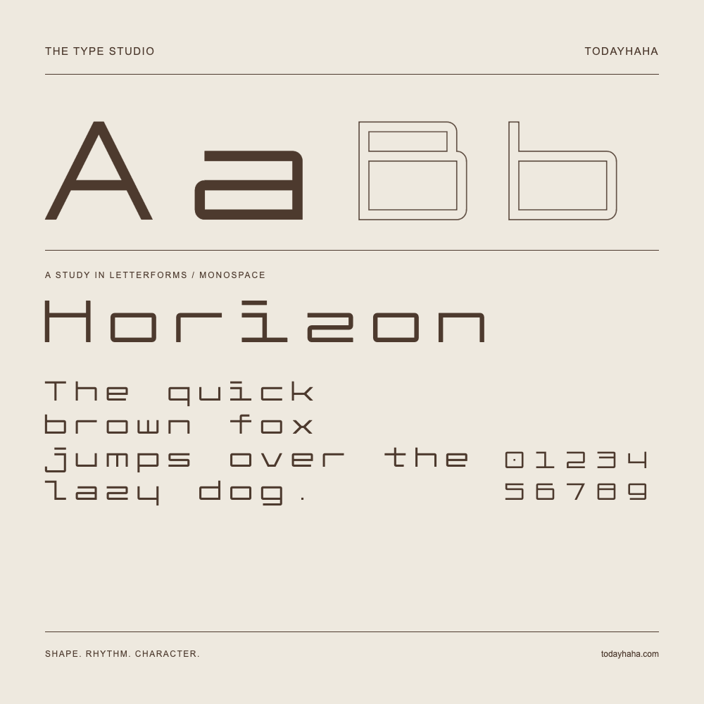 Horizon — Letterform study with sample sentence and numbers