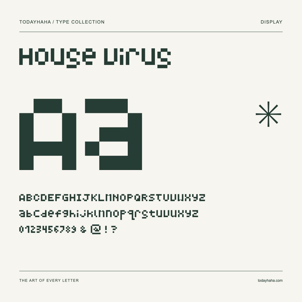 House Virus — Font specimen with uppercase and lowercase letters and numbers