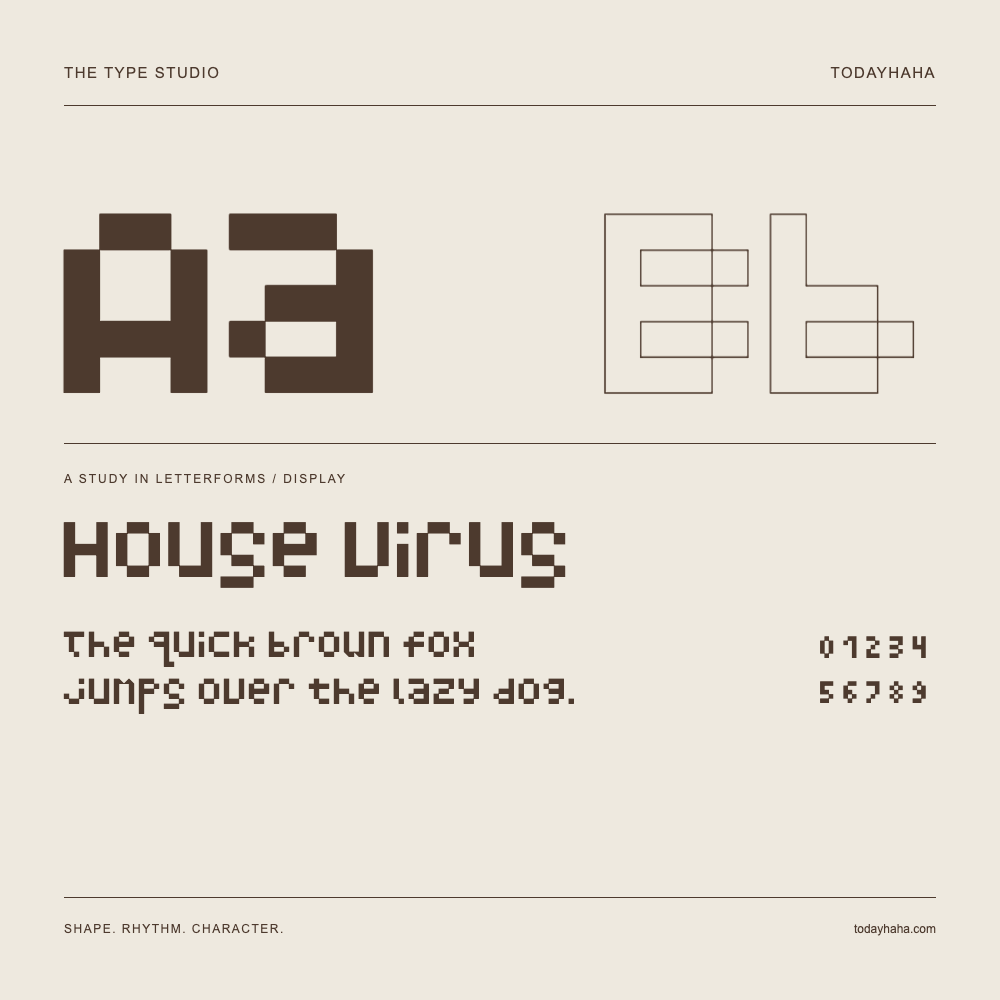House Virus — Letterform study with sample sentence and numbers