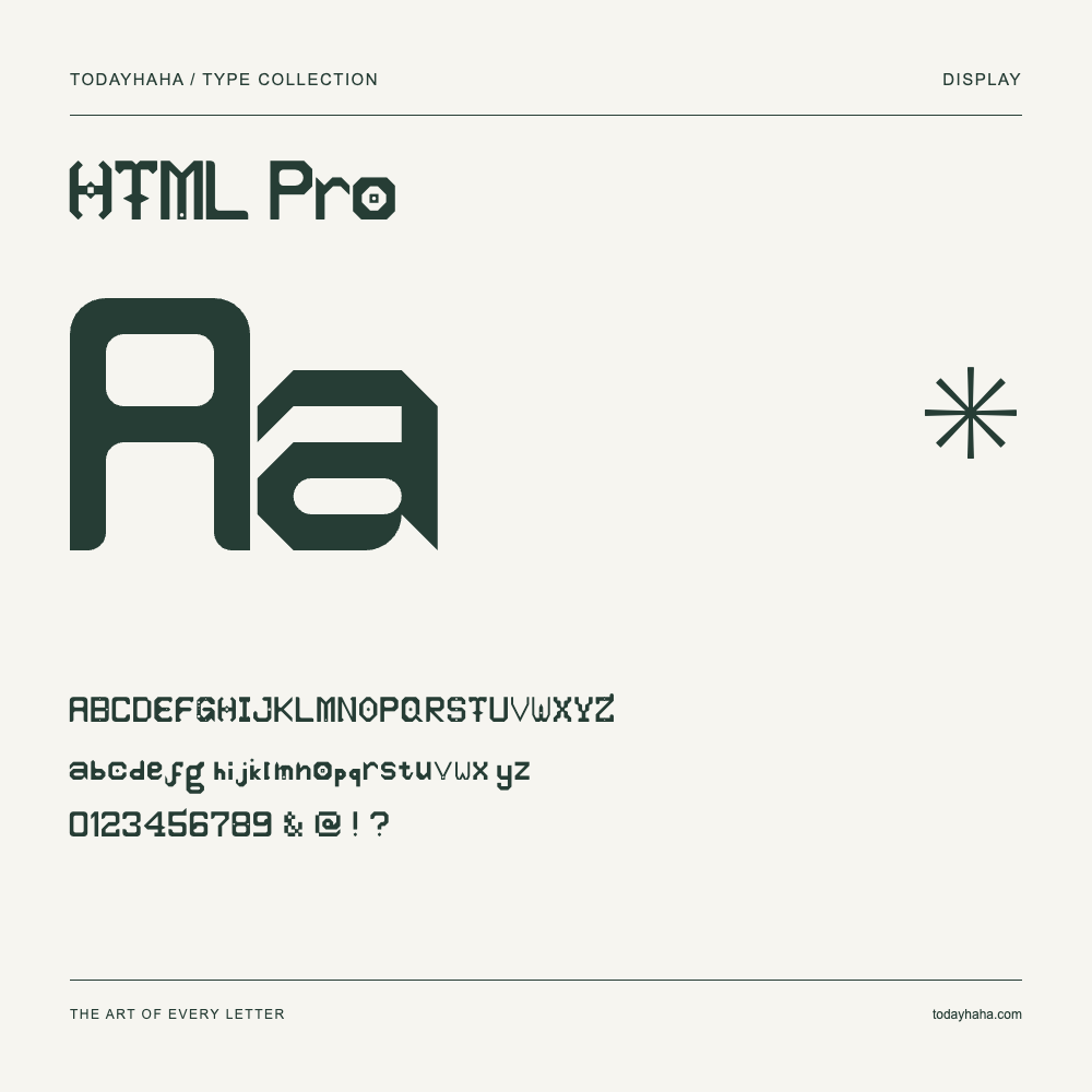 HTML Pro — Font specimen with uppercase and lowercase letters and numbers