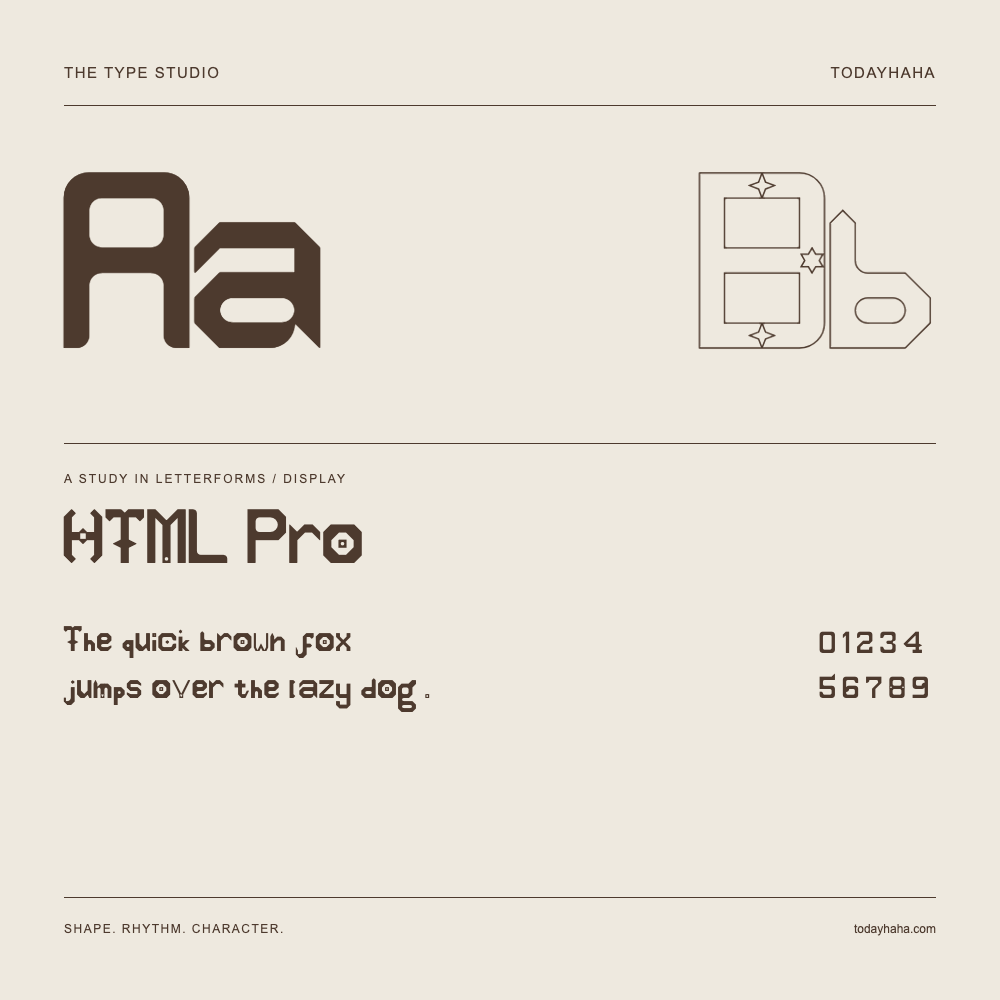 HTML Pro — Letterform study with sample sentence and numbers
