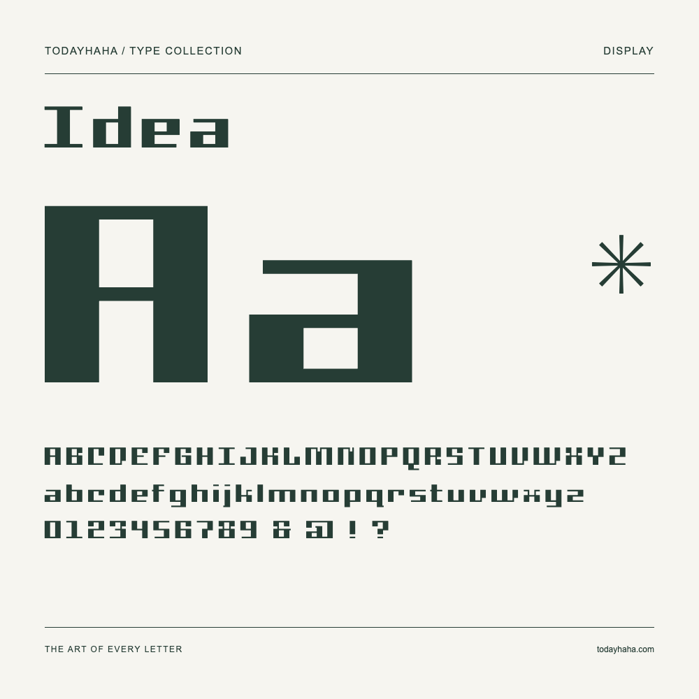 Idea — Schriftmuster mit Großbuchstaben, Kleinbuchstaben und Ziffern