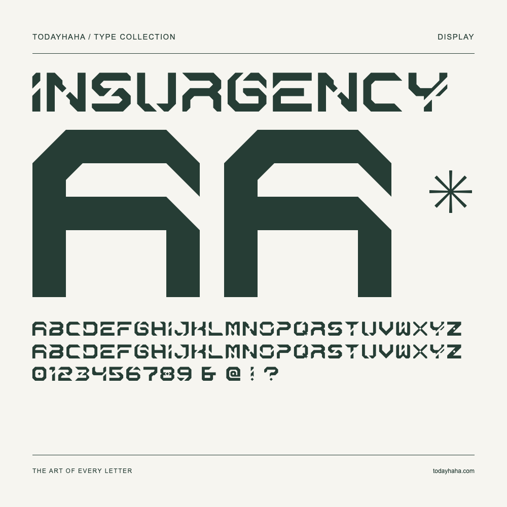Insurgency — Font specimen with uppercase and lowercase letters and numbers