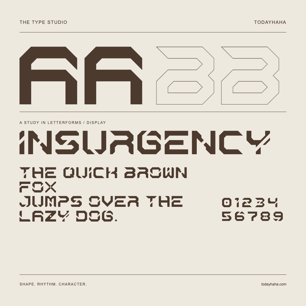 Insurgency — Letterform study with sample sentence and numbers