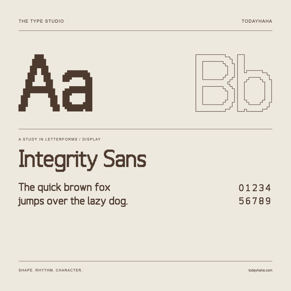 Integrity Sans — Buchstabenstudie mit Beispielsatz und Ziffern