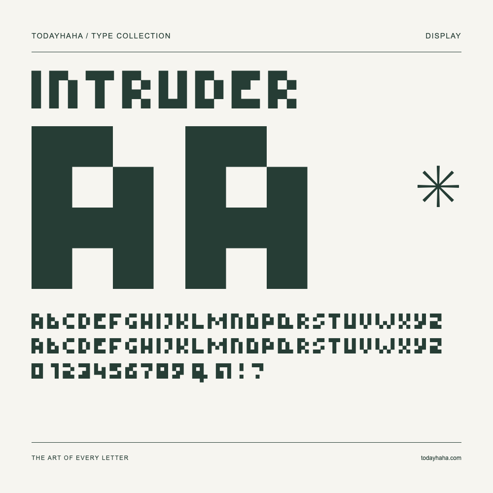 intruder — Font specimen with uppercase and lowercase letters and numbers