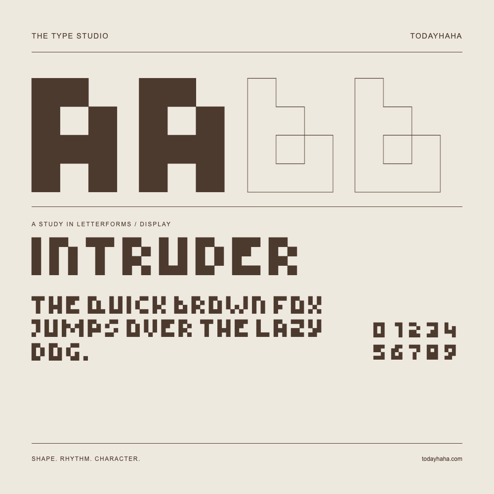 intruder — Letterform study with sample sentence and numbers