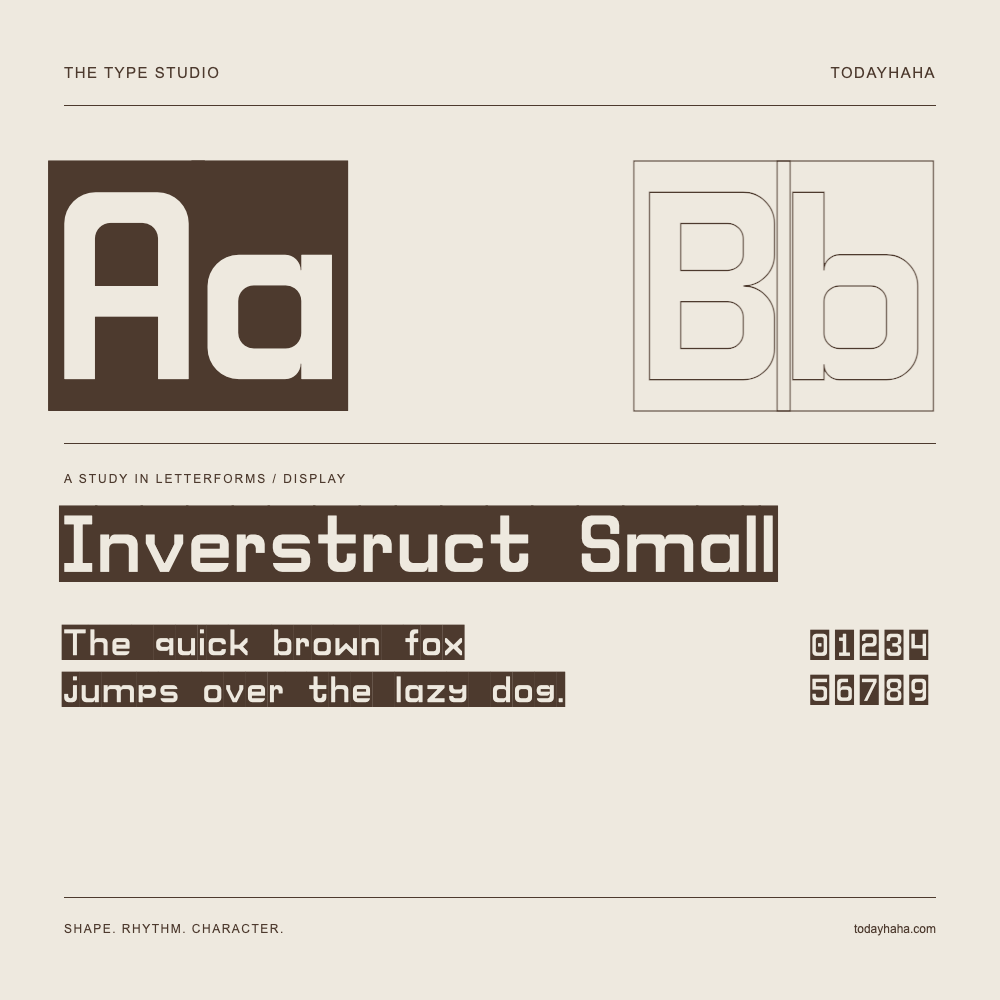 Inverstruct Small — Buchstabenstudie mit Beispielsatz und Ziffern
