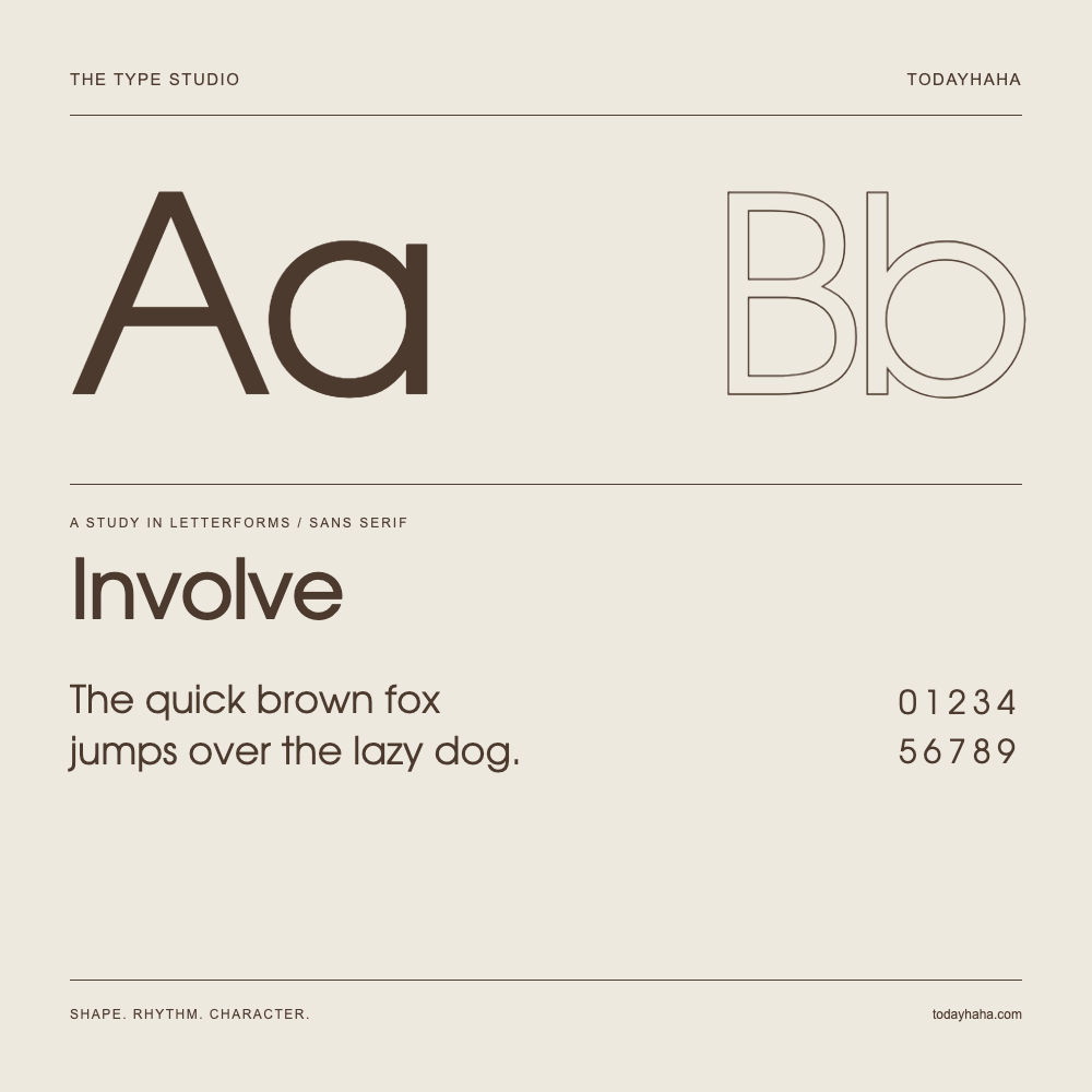 Involve — Letterform study with sample sentence and numbers