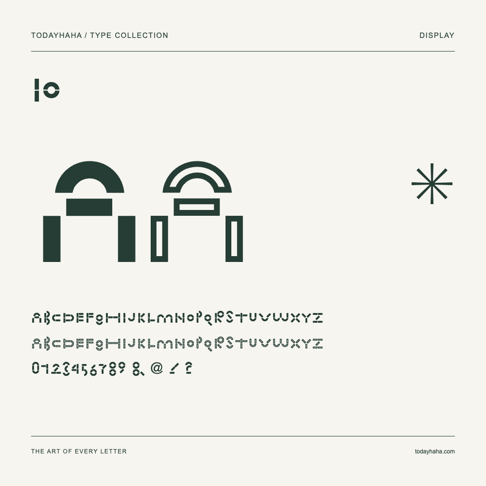 IO — Schriftmuster mit Großbuchstaben, Kleinbuchstaben und Ziffern