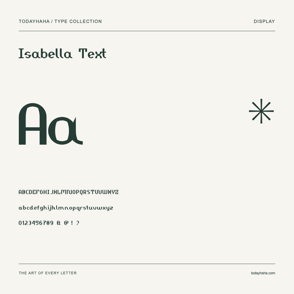 Isabella Text — Muestra de mayúsculas, minúsculas y números
