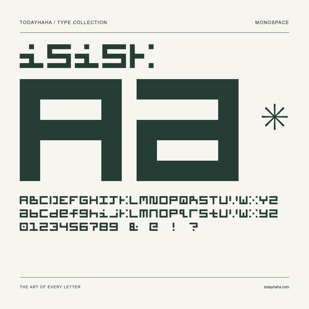isisk — Schriftmuster mit Großbuchstaben, Kleinbuchstaben und Ziffern