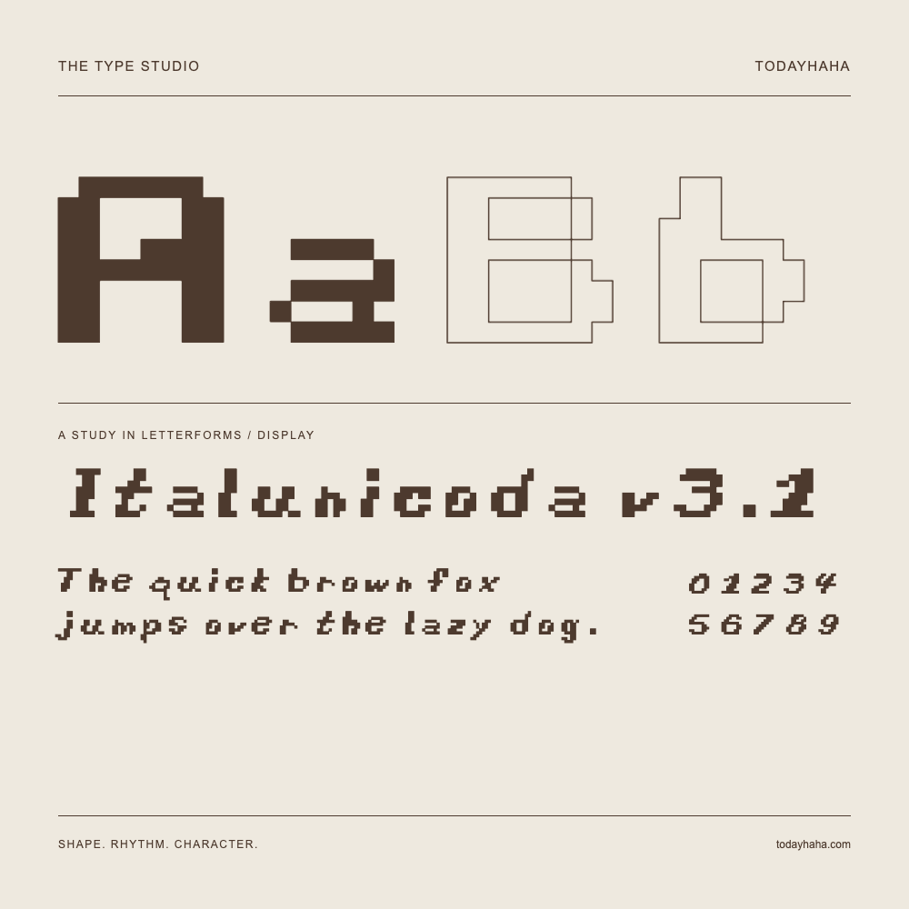 Italunicoda v3.1 — Letterform study with sample sentence and numbers