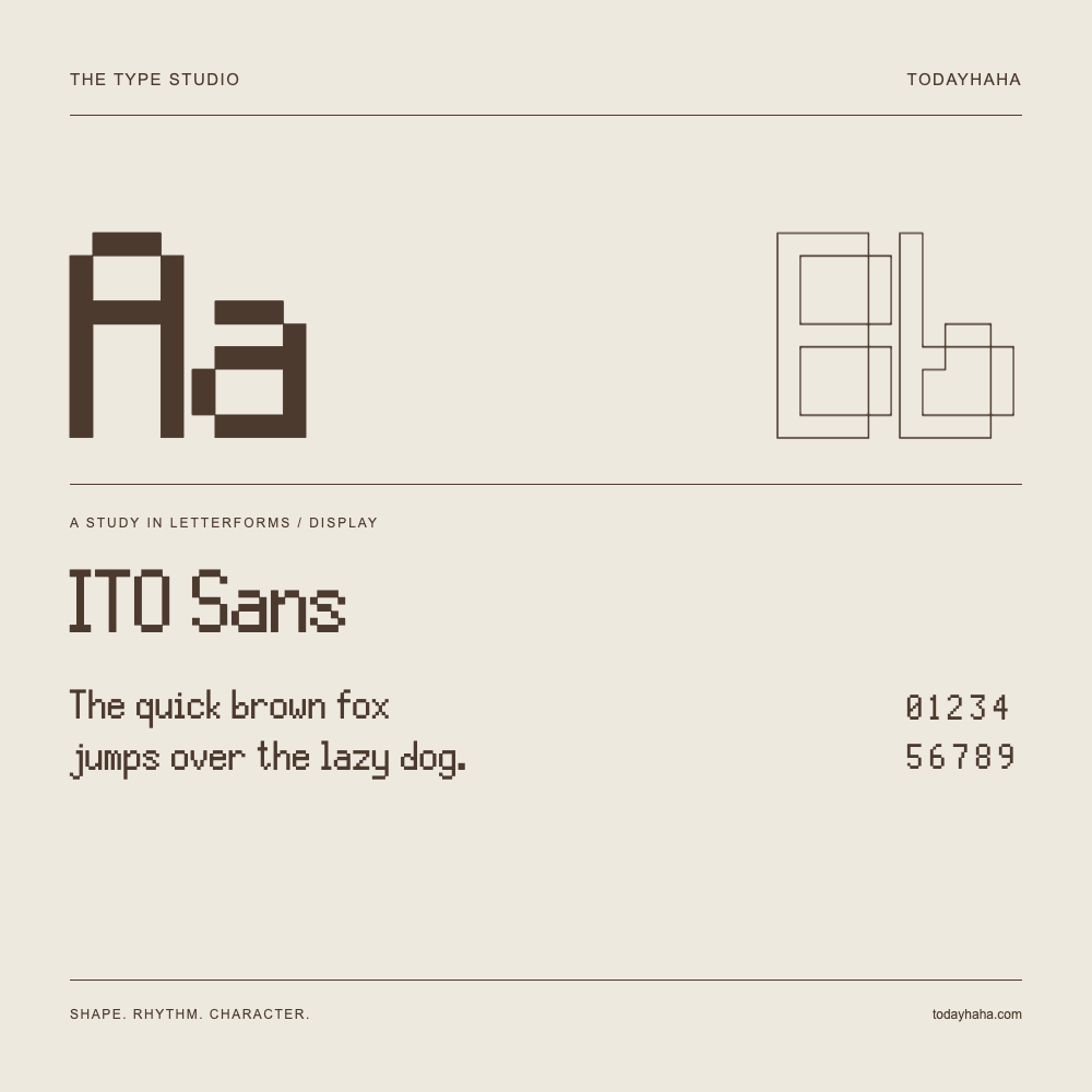 ITO Sans — Letterform study with sample sentence and numbers