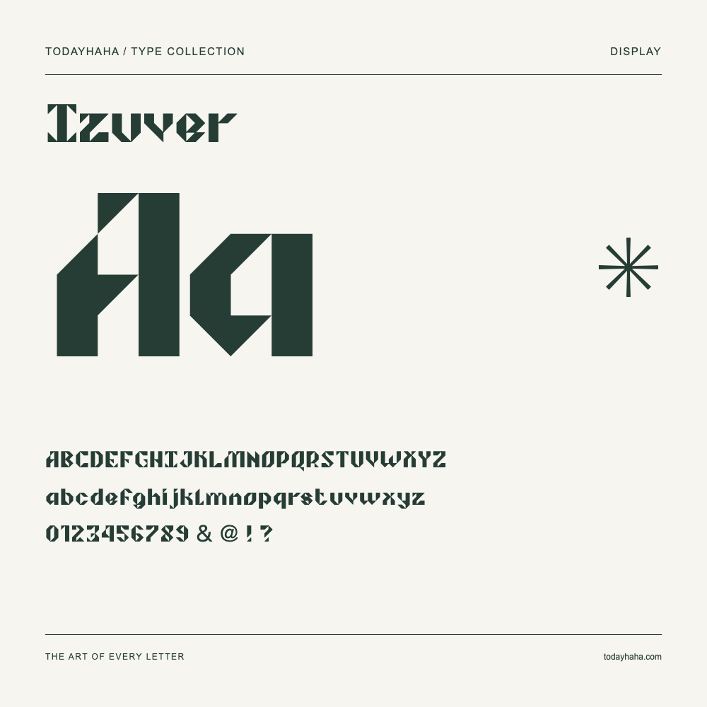 Izuver — Schriftmuster mit Großbuchstaben, Kleinbuchstaben und Ziffern