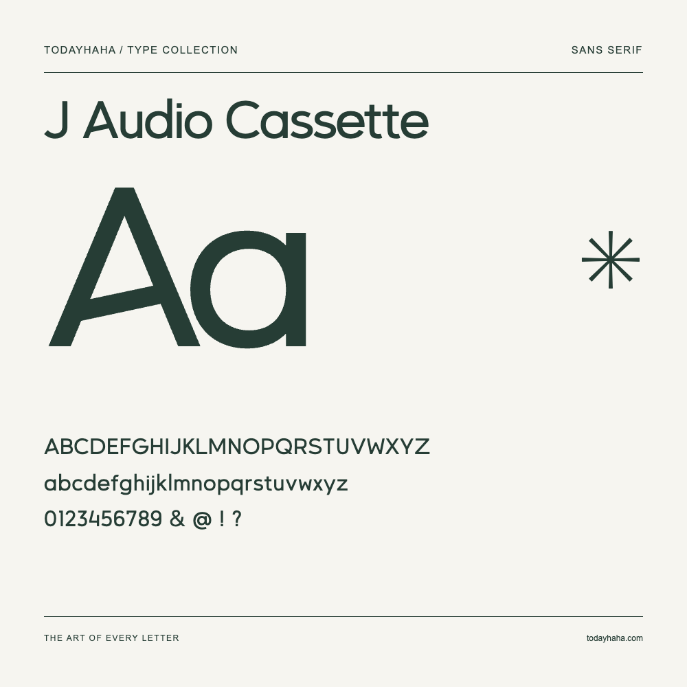 J Audio Cassette — Spécimen avec majuscules, minuscules et chiffres