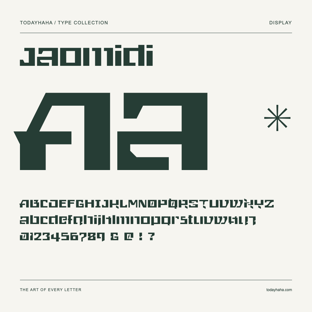Jaomidi — Spécimen avec majuscules, minuscules et chiffres