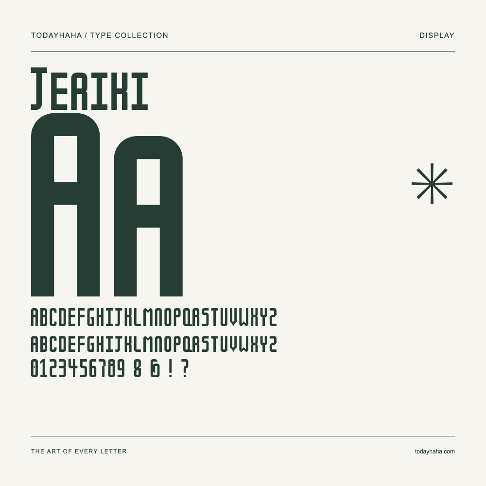 Jeriki — Spécimen avec majuscules, minuscules et chiffres