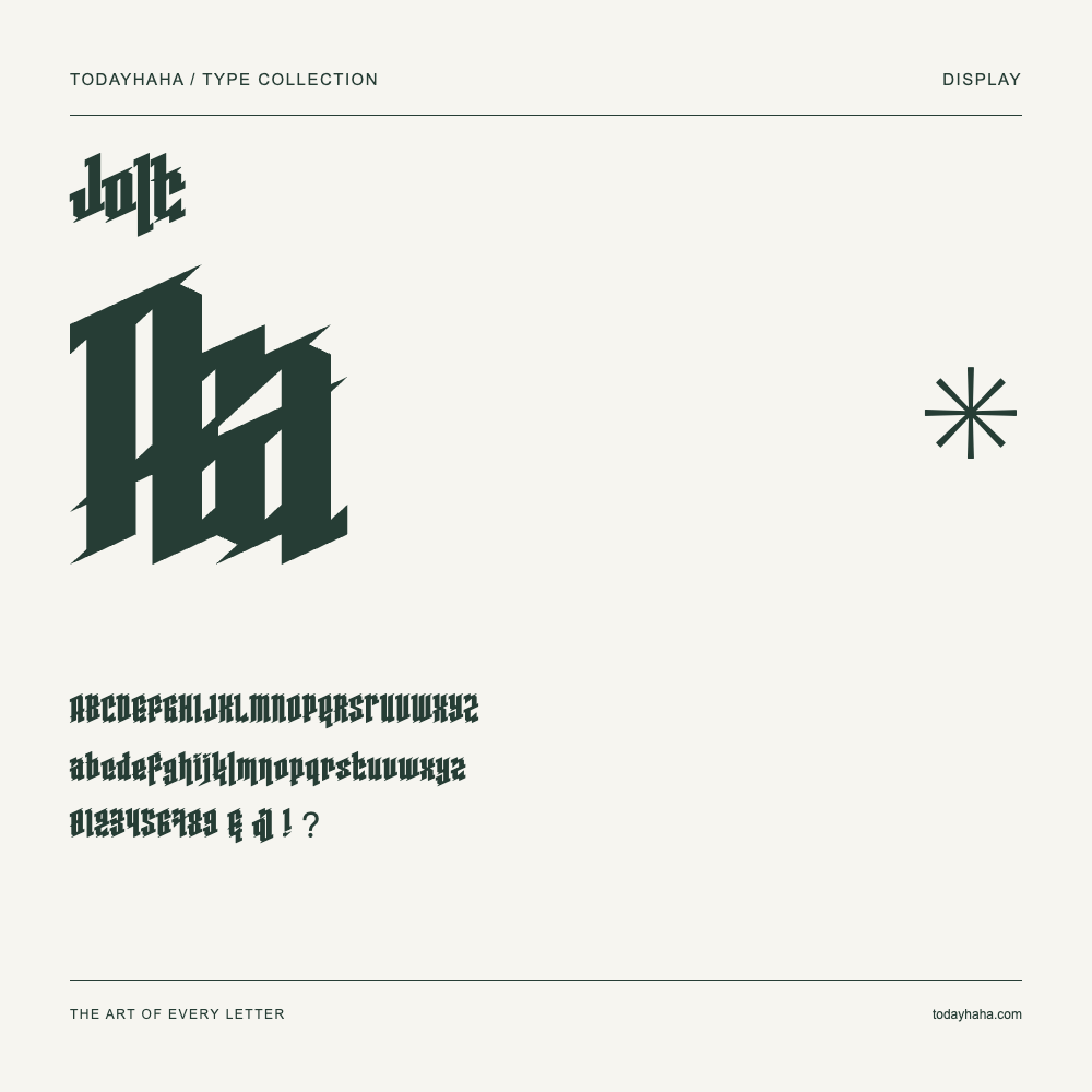 Jolt — Font specimen with uppercase and lowercase letters and numbers