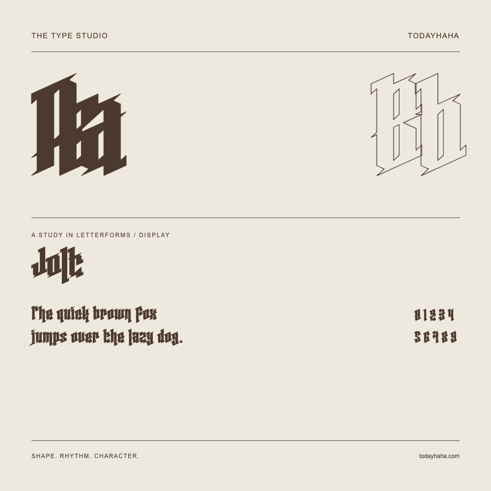 Jolt — Letterform study with sample sentence and numbers