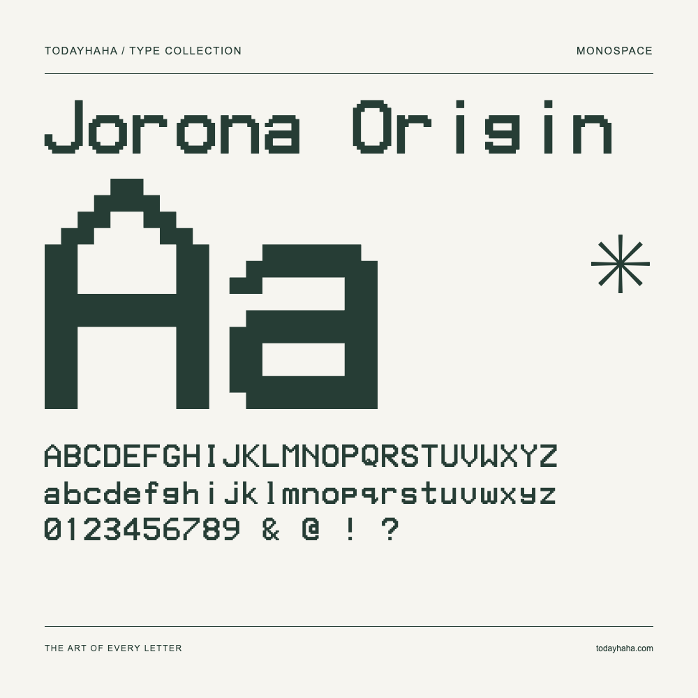 Jorona Origin — Campione con lettere maiuscole, minuscole e numeri