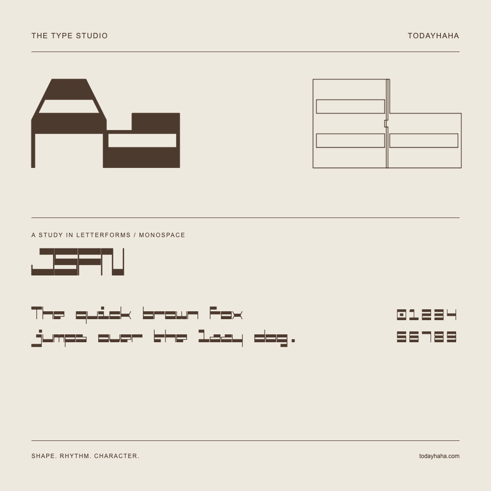 JSFN — Letterform study with sample sentence and numbers
