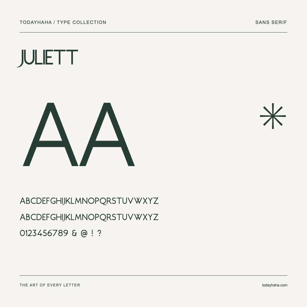 Juliett — Schriftmuster mit Großbuchstaben, Kleinbuchstaben und Ziffern