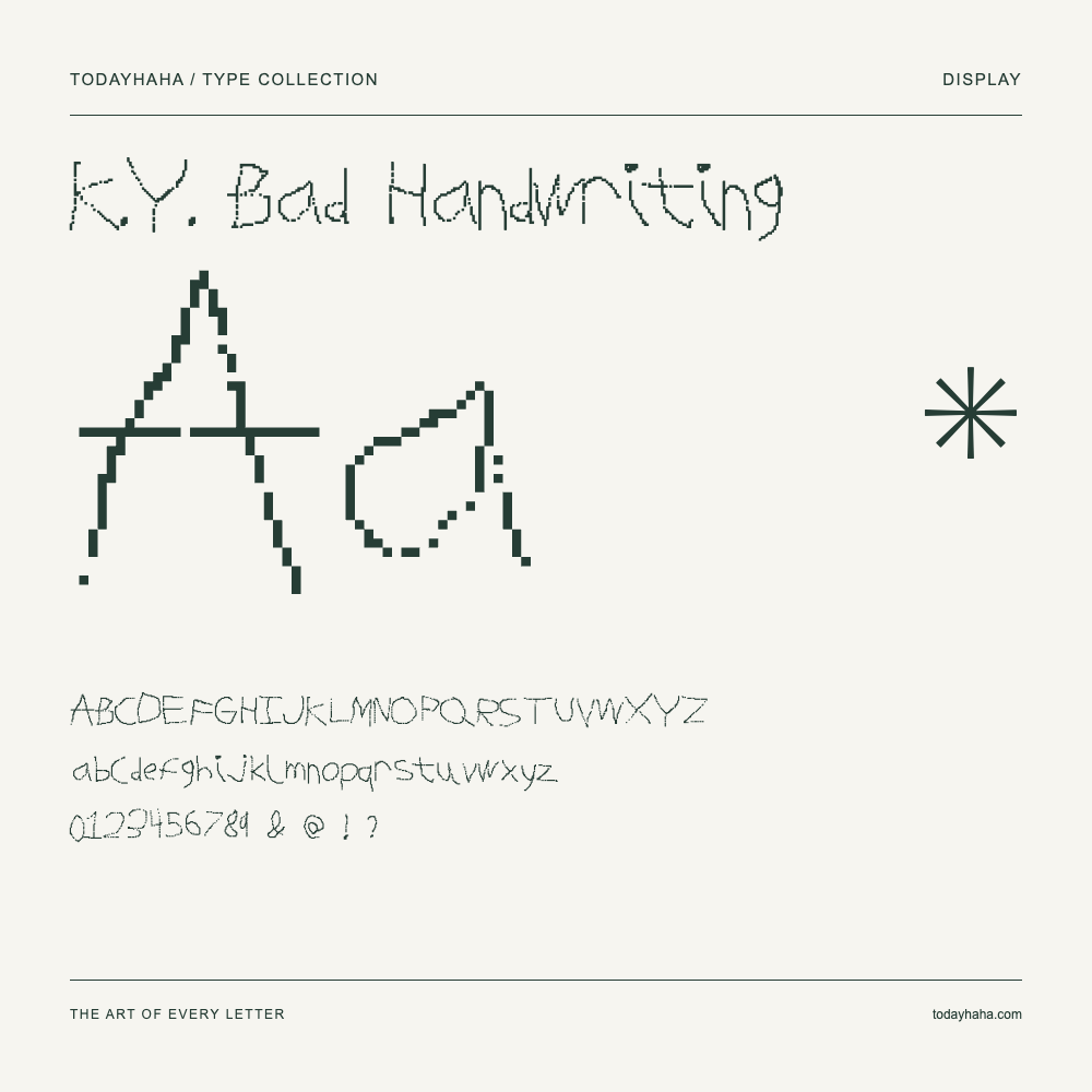 K.Y. Bad Handwriting — Font specimen with uppercase and lowercase letters and numbers