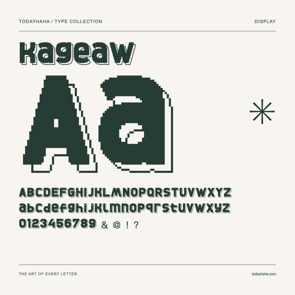 Kageaw — Font specimen with uppercase and lowercase letters and numbers