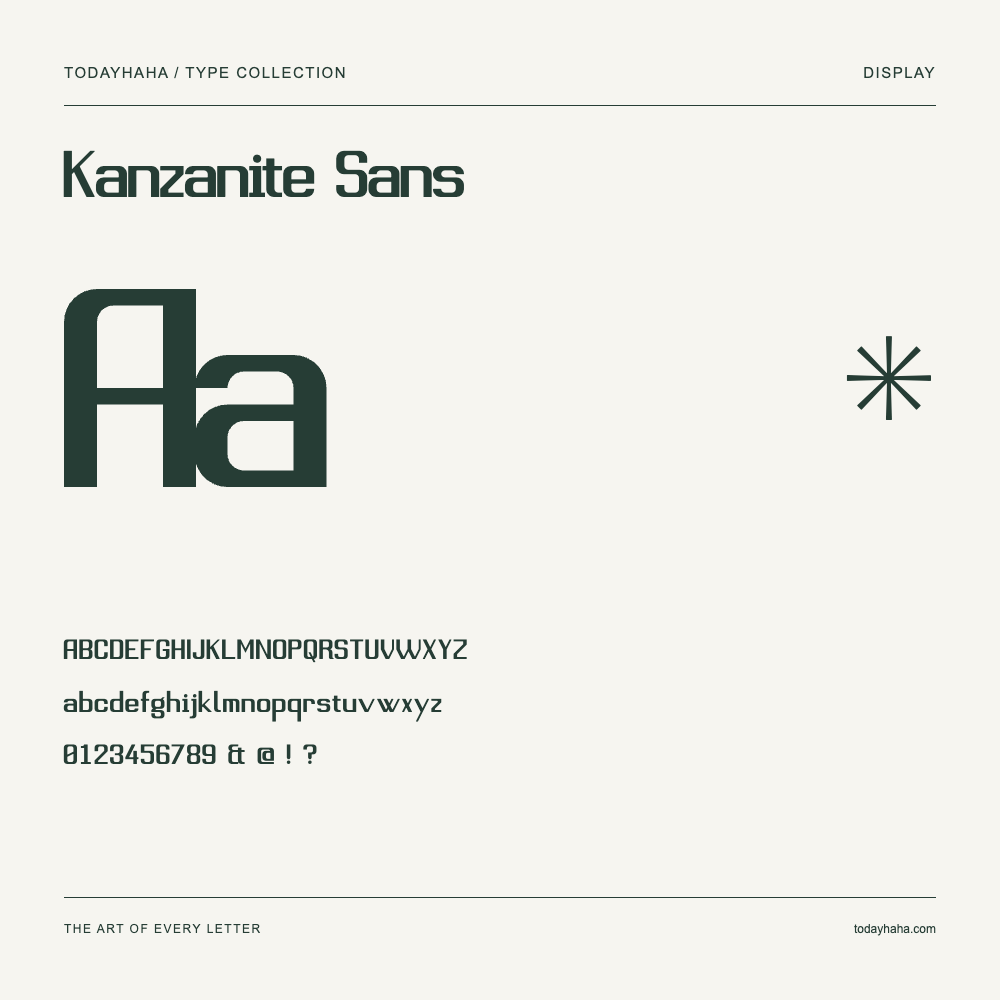 Kanzanite Sans — Muestra de mayúsculas, minúsculas y números