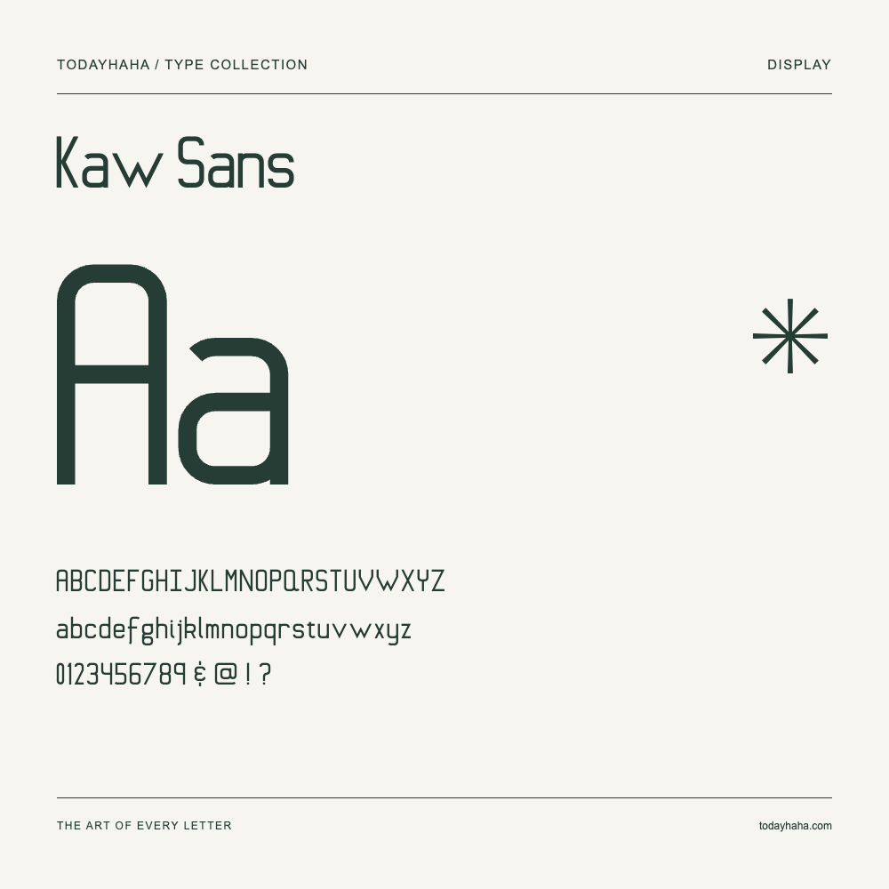 Kaw Sans — Schriftmuster mit Großbuchstaben, Kleinbuchstaben und Ziffern