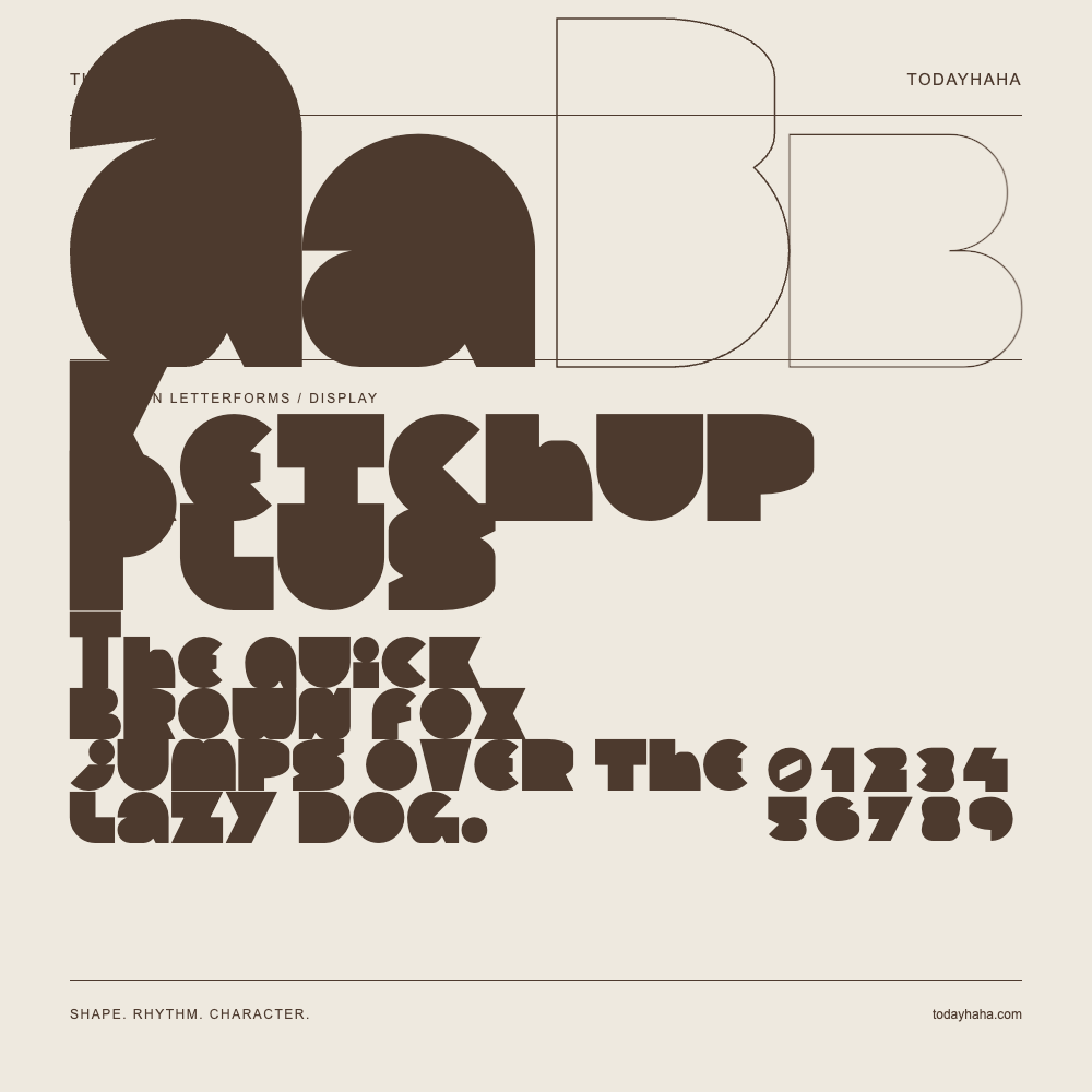 Ketchup Plus — Letterform study with sample sentence and numbers