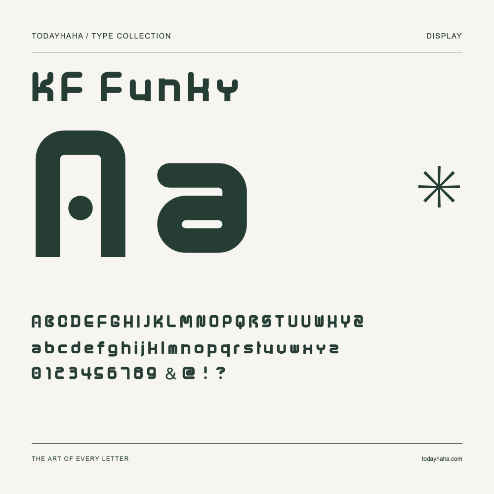 KF Funky — Schriftmuster mit Großbuchstaben, Kleinbuchstaben und Ziffern