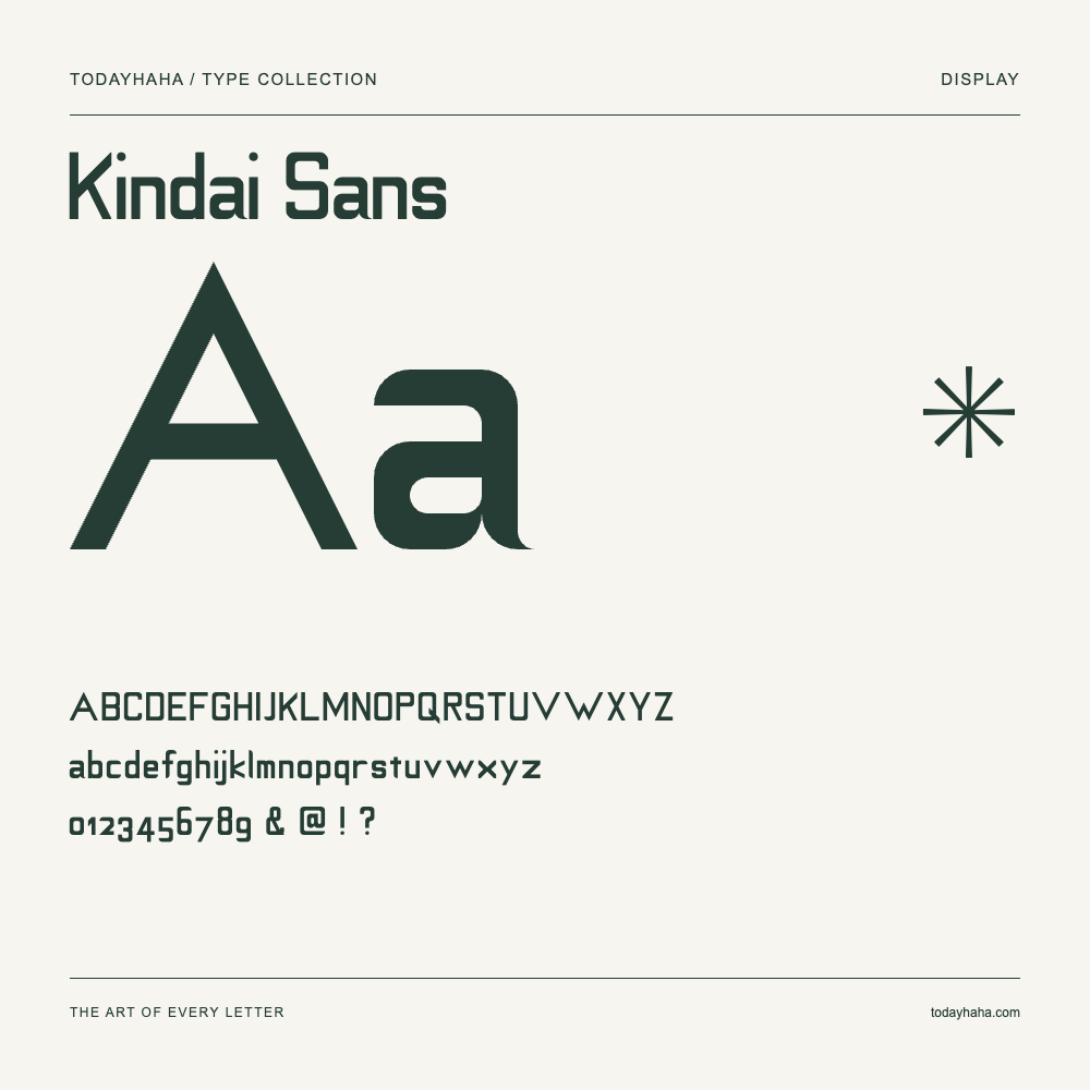 Kindai Sans — Font specimen with uppercase and lowercase letters and numbers