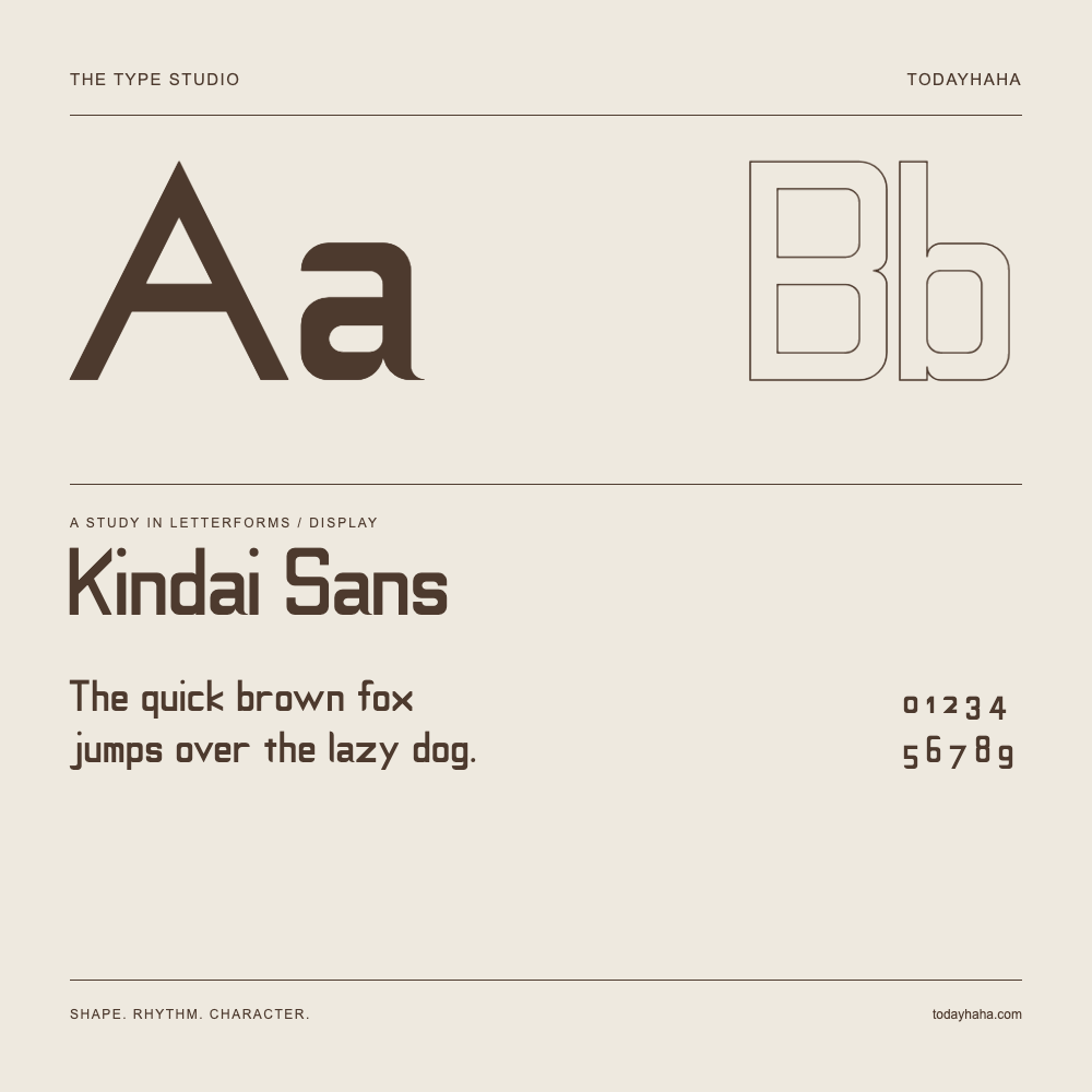Kindai Sans — Letterform study with sample sentence and numbers