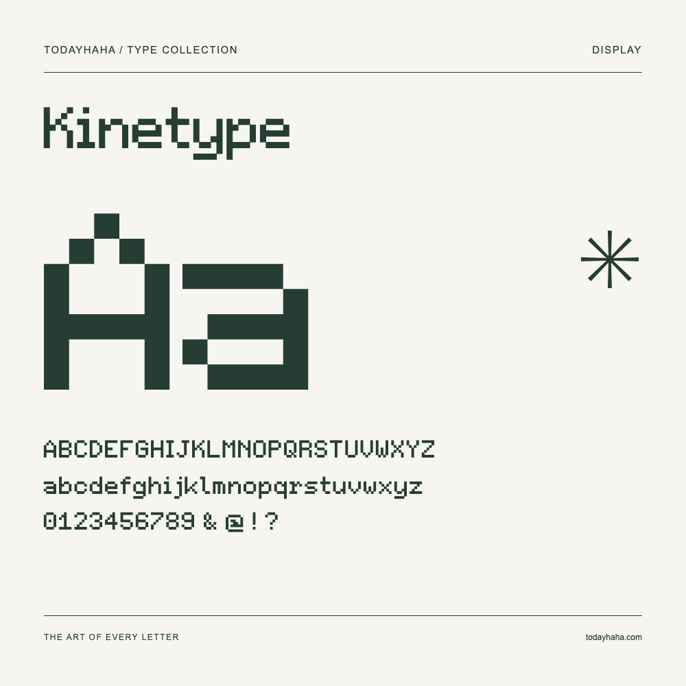 Kinetype — Amostra com letras maiúsculas, minúsculas e números