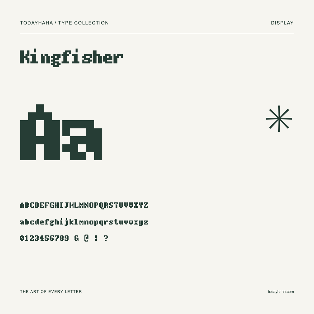 Kingfisher — Font specimen with uppercase and lowercase letters and numbers