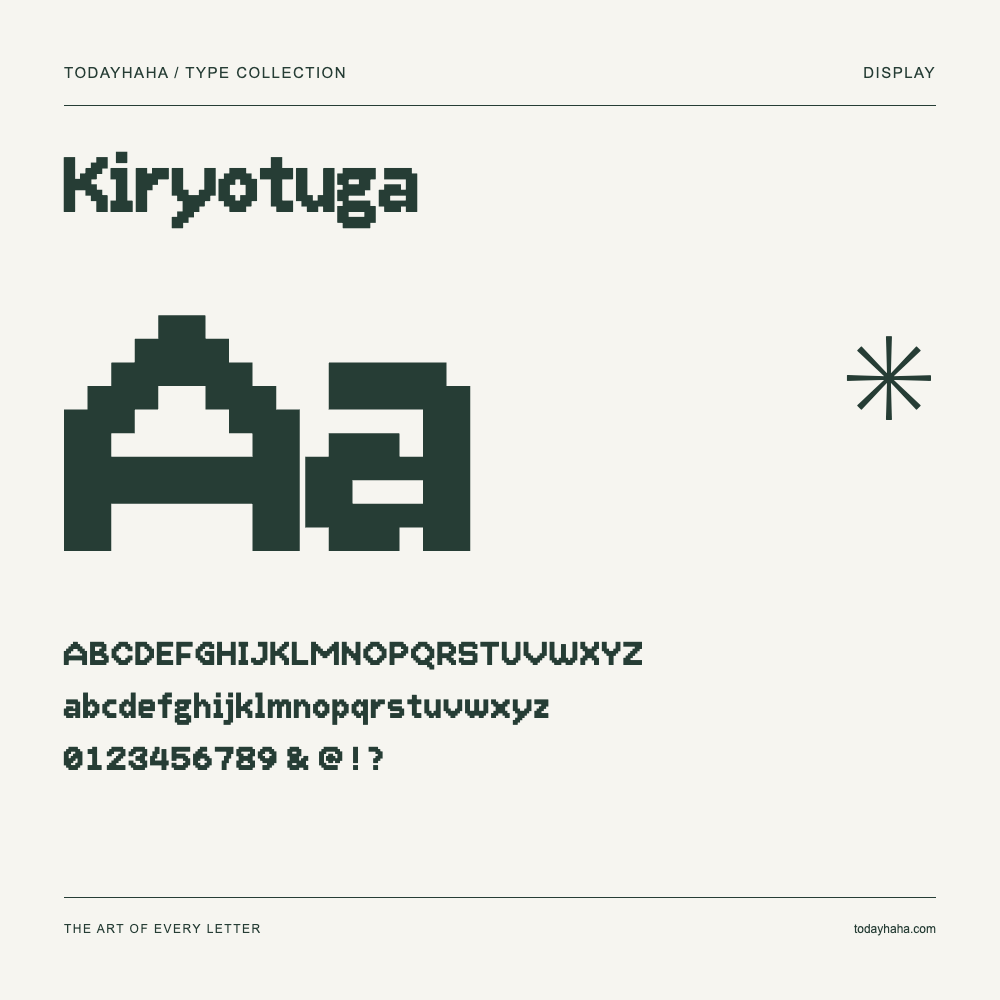 Kiryotuga — Spécimen avec majuscules, minuscules et chiffres