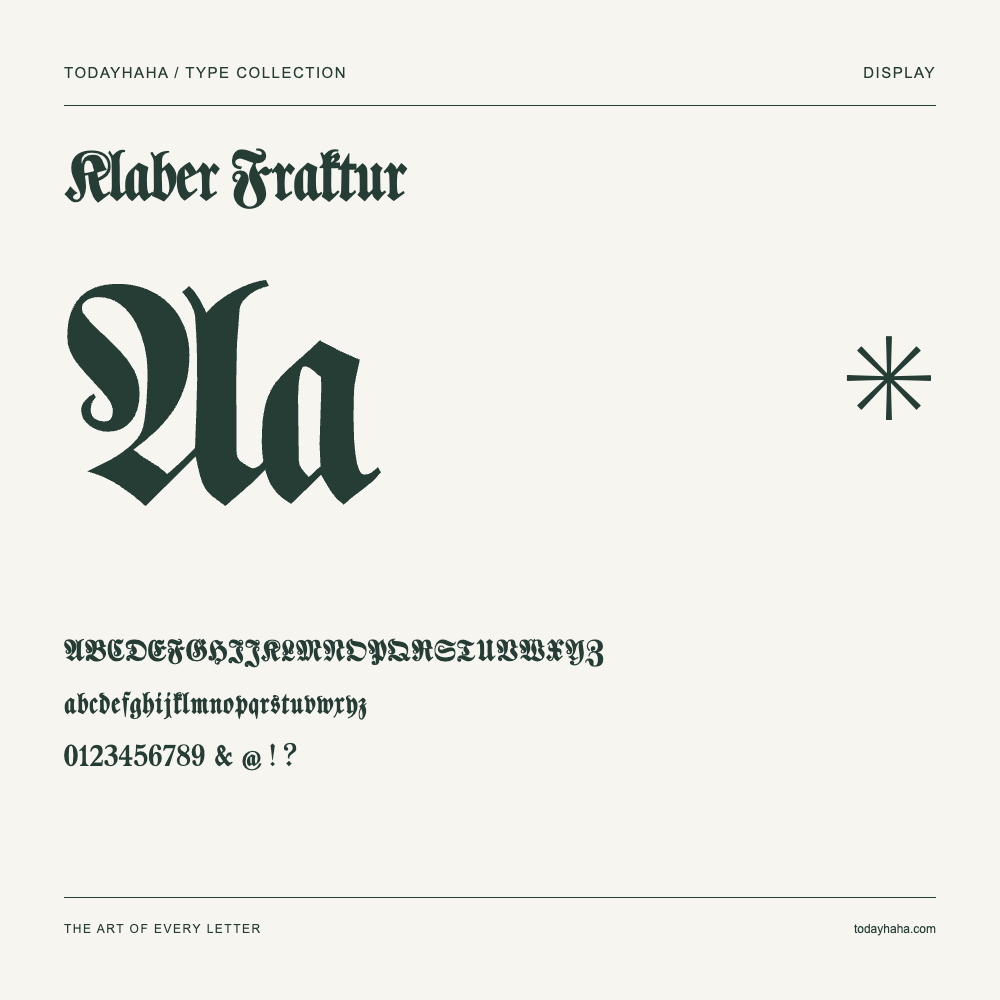 Klaber Fraktur — Font specimen with uppercase and lowercase letters and numbers