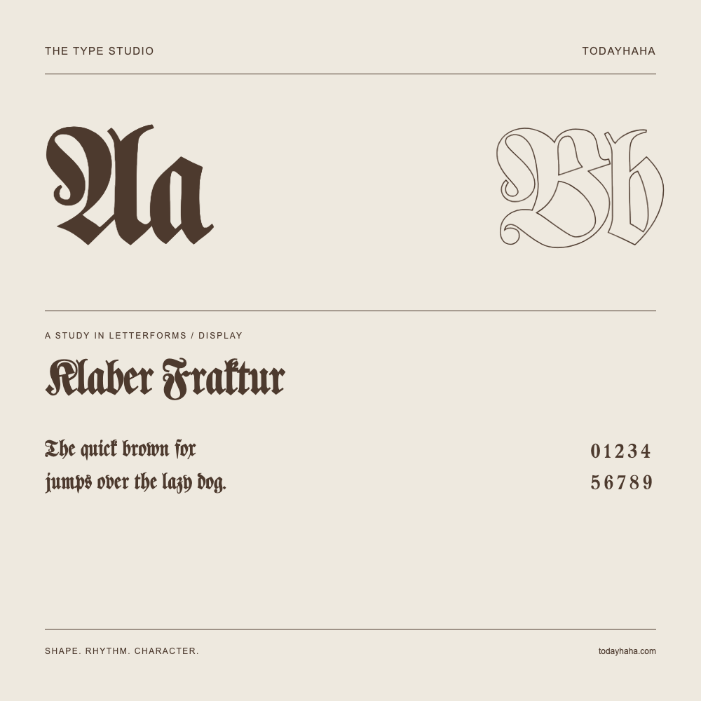 Klaber Fraktur — Letterform study with sample sentence and numbers