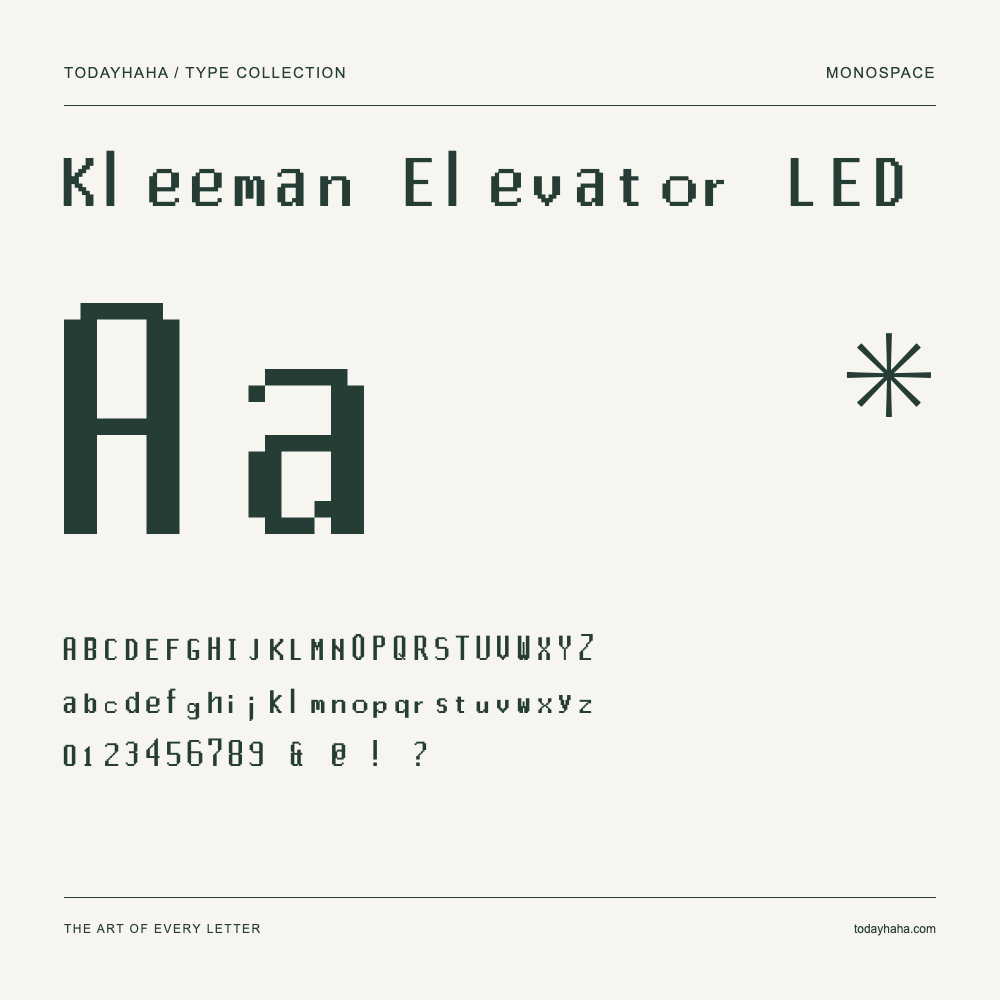 Kleeman Elevator LED — Amostra com letras maiúsculas, minúsculas e números