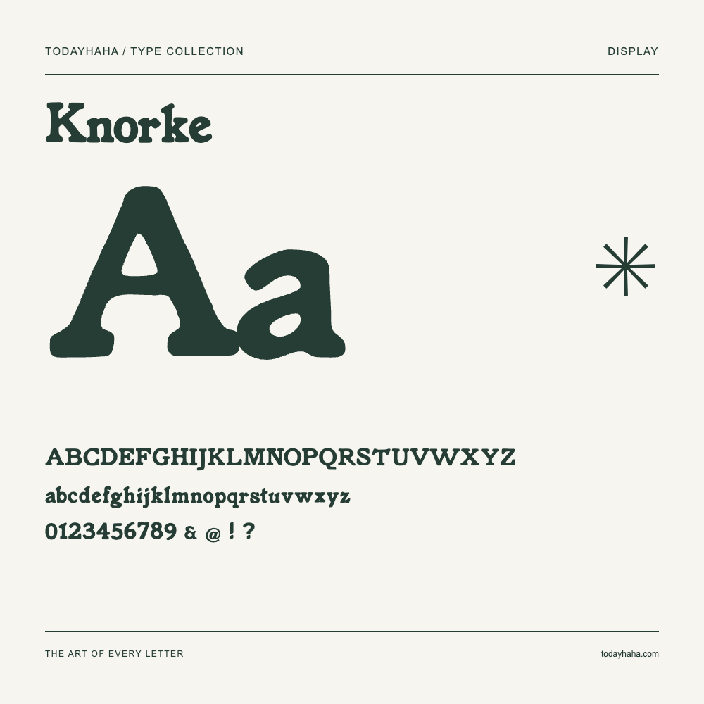 Knorke — Schriftmuster mit Großbuchstaben, Kleinbuchstaben und Ziffern