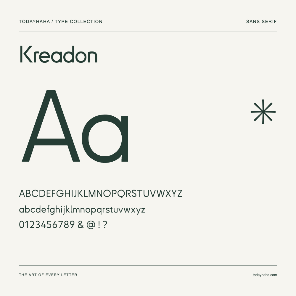 Kreadon — Spécimen avec majuscules, minuscules et chiffres
