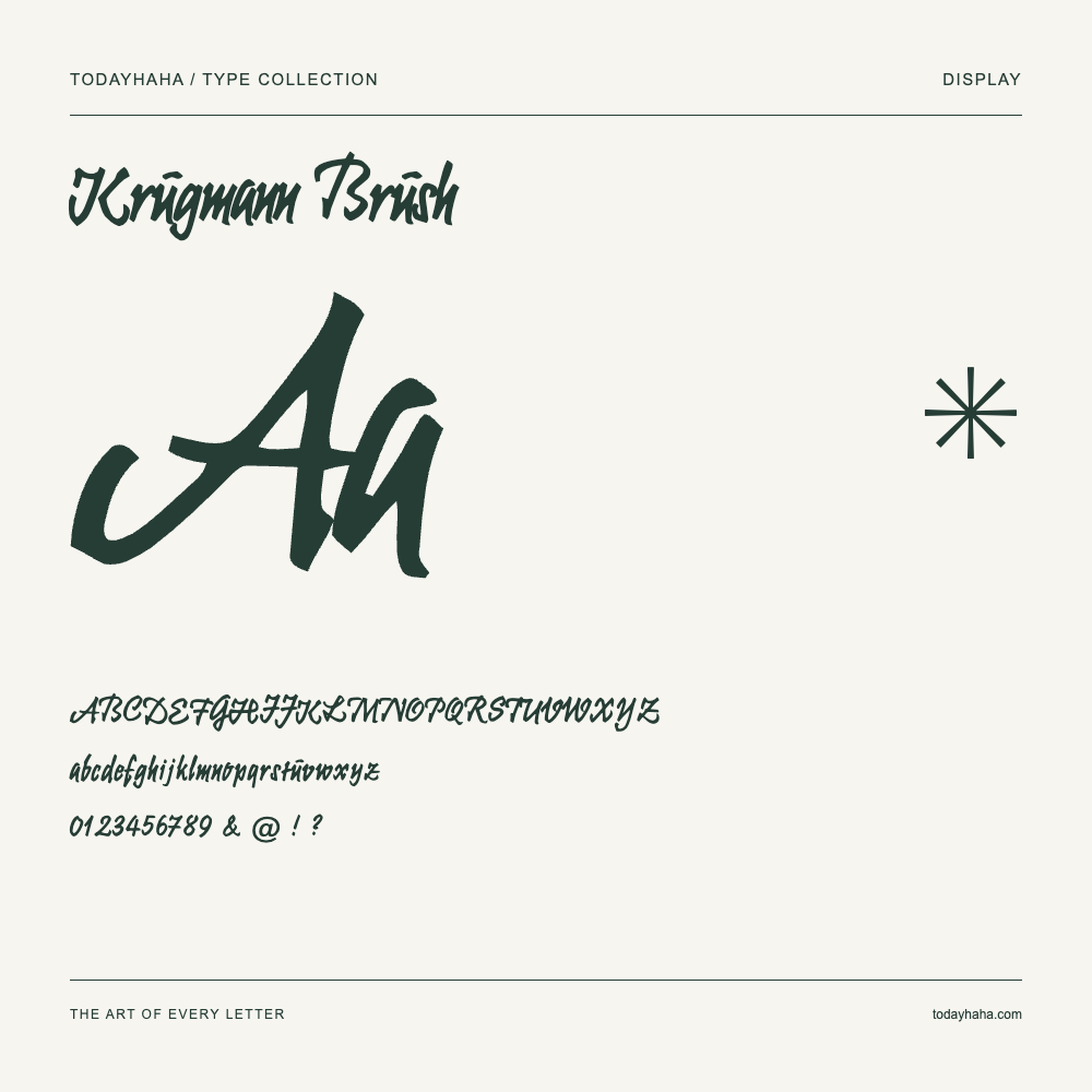 Krugmann Brush — Font specimen with uppercase and lowercase letters and numbers