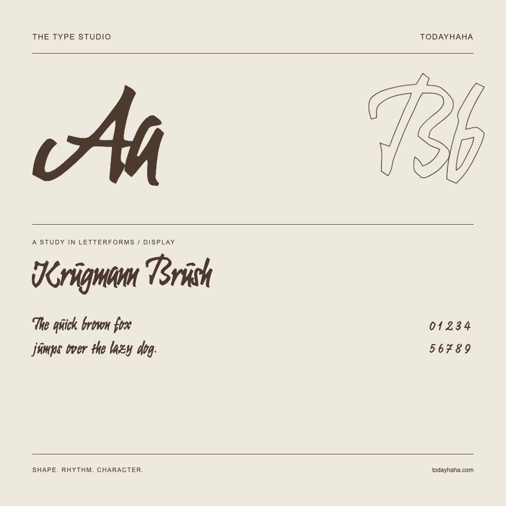Krugmann Brush — Letterform study with sample sentence and numbers