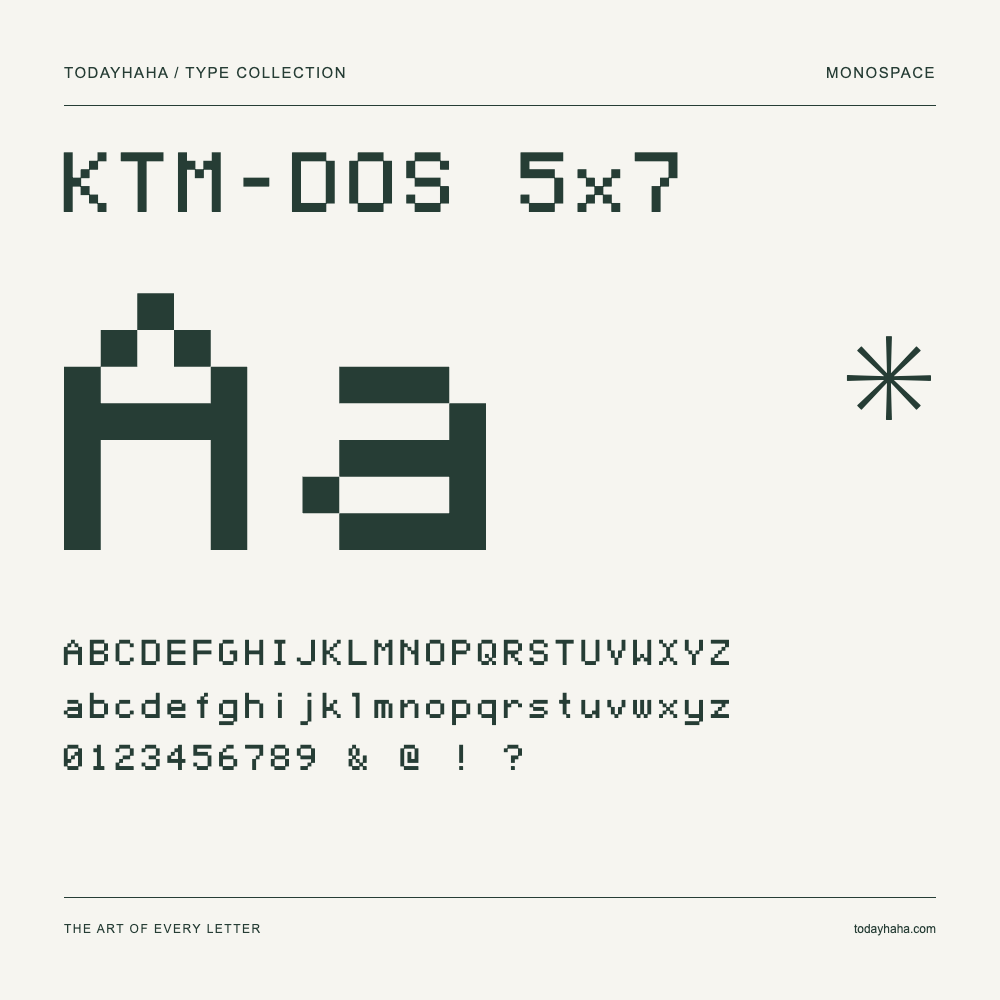 KTM-DOS 5x7 — Schriftmuster mit Großbuchstaben, Kleinbuchstaben und Ziffern