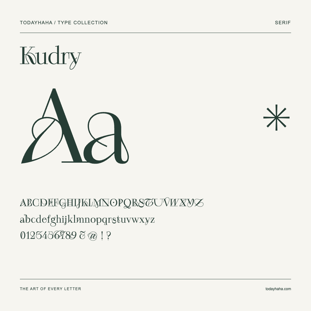 Kudry — Spécimen avec majuscules, minuscules et chiffres