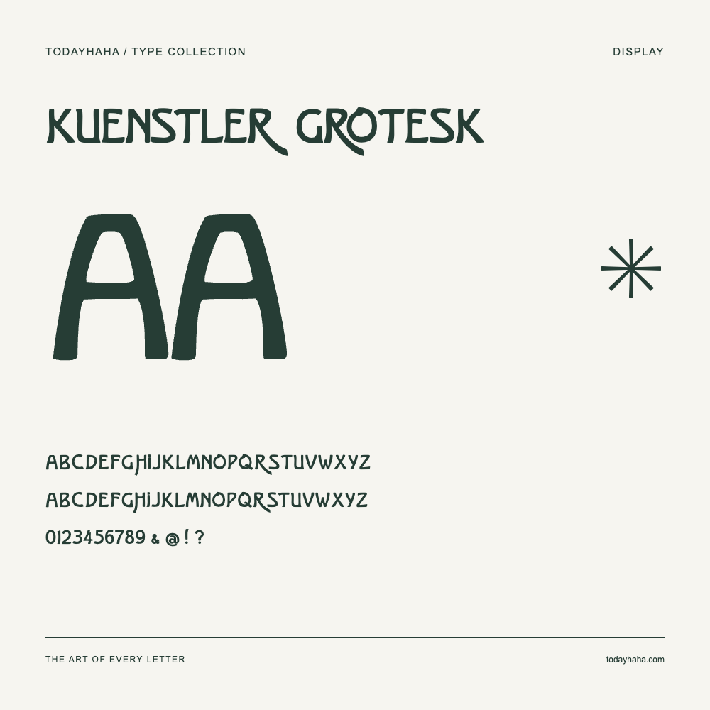 Kuenstler Grotesk — Font specimen with uppercase and lowercase letters and numbers