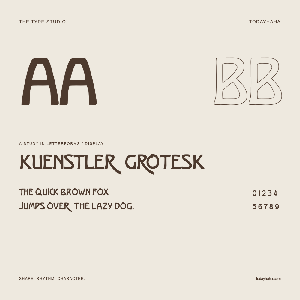 Kuenstler Grotesk — Letterform study with sample sentence and numbers